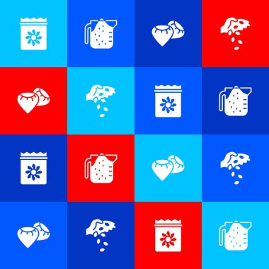 Bitki, ölçü kabı, tohum ve simge dolu bir paket hazırla. Vektör