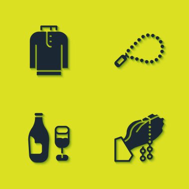 Gömlek Kurta, eller dua pozisyonunda, şarap şişesi cam ve tespih dini simgesi. Vektör