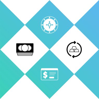 Stacks kağıt para, dolar ile online bankacılık, Güvenli ve Altın külçeler ikonu. Vektör