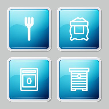 Sıralı bahçe yabası, un torbası, tam tohumlu bitki ve kovan arıları ikonu koyun. Vektör