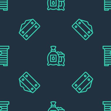 Sıraya dizilmiş bitki tohumları, çuval unu ve arılar için kusursuz desenli kovan koyun. Vektör