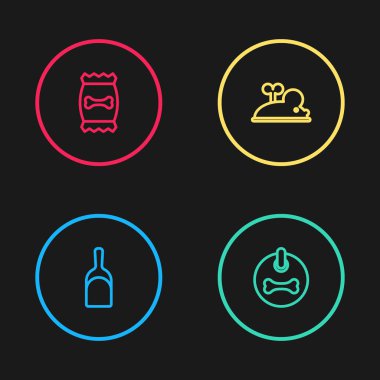 Faraş, köpek tasması, Clockwork faresi ve evcil hayvan ikonu için yiyecek torbası ayarla. Vektör