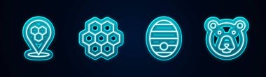 Bal arısının yerini belirle. Arılar ve Ayı kafası için Kovan. Parlayan neon ikonu. Vektör
