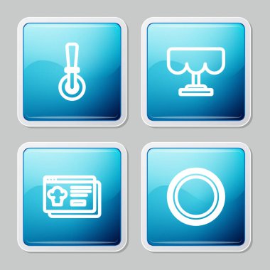 Pizza bıçağı, ahşap masa, online sipariş ve teslimat ve tabak ikonu. Vektör