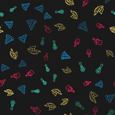 Pizza dilimi, pizza bıçağı, acı biber kabuğu ve şampanyayı kusursuz bir kovaya koy. Vektör