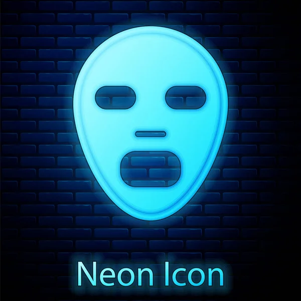 Icono Máscara Cosmética Facial Neón Brillante Aislado Fondo Pared Ladrillo — Vector de stock