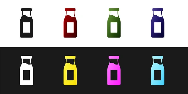 Set Closed Glass Bottle Milk Icon Isolated Black White Background — Stock Vector