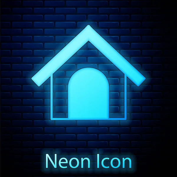 Lumineux Néon Icône Maison Chien Isolé Sur Fond Mur Brique — Image vectorielle