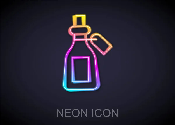 Linea Neon Luminosa Icona Bottiglia Olio Essenziale Isolata Sfondo Nero — Vettoriale Stock