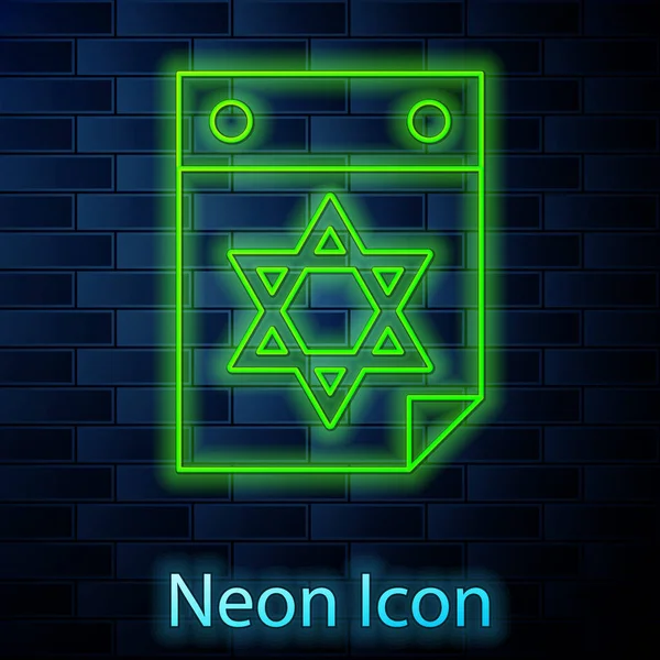Glowing Neon Line Jewish Calendar Star David Icon Isolated Brick — Stock Vector