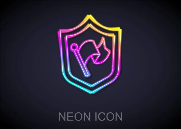 Leuchtendes Neon Line Shield Mit Flaggensymbol Auf Schwarzem Hintergrund Sieg — Stockvektor