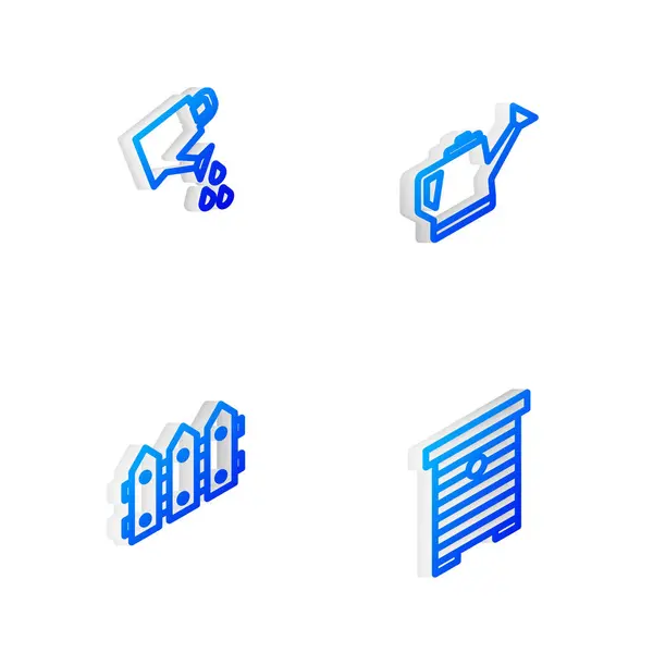 Set Isometric Line Zavlažování Plechovka Zahradní Plot Dřevěný Pro Včely — Stockový vektor