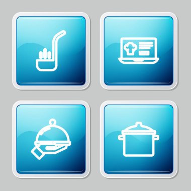 Mutfak kepçesi, online sipariş ve teslimat, tepsi dolusu yemek ve tencere ikonu ile kaplı. Vektör