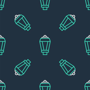 Çizgi Bahçesi lambası ikonu siyah arka planda izole edilmiş pürüzsüz desen. Güneş enerjili lamba. Fener. Sokak lambası. Vektör