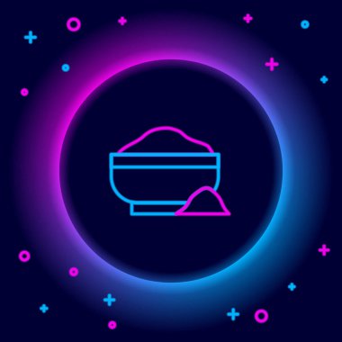 Parlayan neon hattı un kase simgesi siyah arkaplanda izole edildi. Pişirme malzemeleri. Sağlıklı organik yiyecekler. Mutfak gereçleri kupası. Hamur yemeği. Renkli taslak konsepti. Vektör