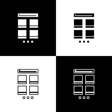 Siyah beyaz arka planda izole edilmiş cep telefonu simgesinden online alışveriş ayarlayın. İnternet dükkanı, mobil mağaza uygulaması ve faturalar. Vektör İllüstrasyonu.