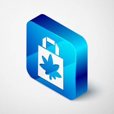 Gri arka planda izole edilmiş tıbbi marihuana ya da kenevir yaprağı ikonu içeren Isome Alışveriş kağıt torbası. Kenevir almak. Kenevir sembolü. Mavi kare düğme. Vektör İllüstrasyonu.