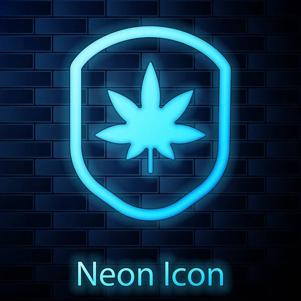 Glödande Neon Sköld Och Marijuana Eller Cannabis Blad Ikon Isolerad — Stock vektor