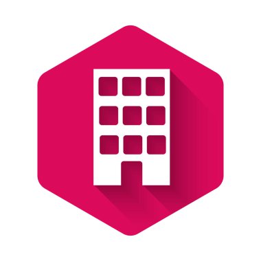 Beyaz Saray ikonu uzun gölgeli. Ev sembolü. Pembe altıgen düğmesi. Vektör.