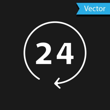 Beyaz Saat 24 saat simgesi siyah arkaplanda izole edildi. Tüm gün döngü simgesi. 24 saat hizmet sembolü. Vektör.