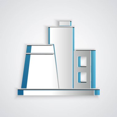 Kağıt kesiği Fabrika simgesi gri arkaplanda izole edildi. Endüstriyel bina. Kağıt sanatı tarzı. Vektör.