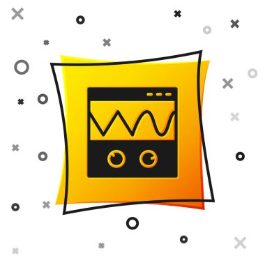 Siyah Oscilloscope sinyal dalga ikonu beyaz arkaplanda izole edildi. Sarı kare düğme. Vektör.