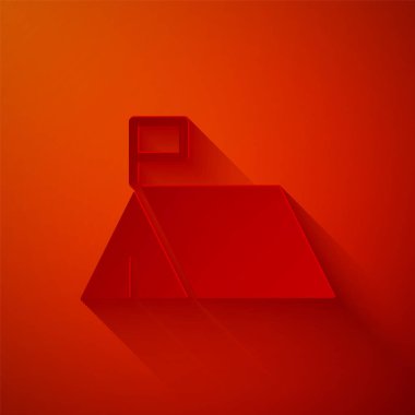 Kırmızı arka planda izole edilmiş kağıt kesiği protesto kampı ikonu. Protesto çadırı. Kağıt sanatı tarzı. Vektör.