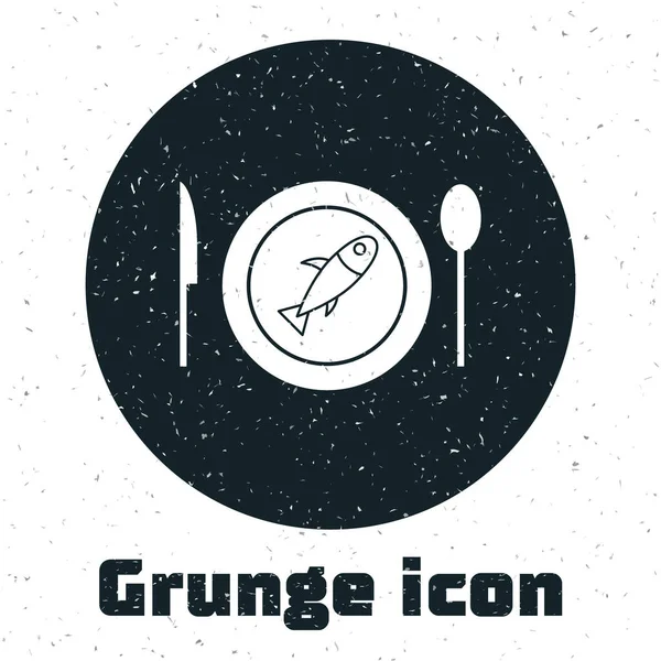 Grunge Served Fish Plate Icon Isolated White Background Monochrome Vintage — Stock Vector