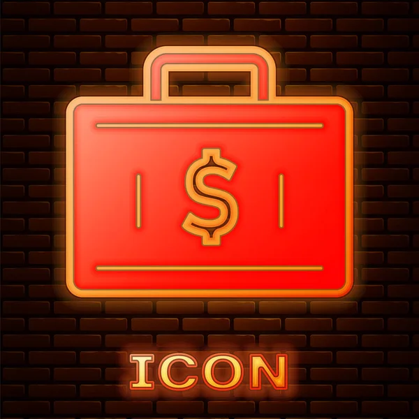 Glowing Neon Briefcase Money Icon Isolated Brick Wall Background Business — Stock Vector