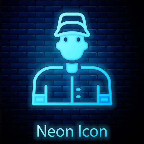 Glowing Neon Baseball Player Icon Isolated Brick Wall Background Vector — Stock Vector