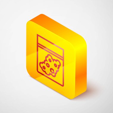 Gri arka planda izole edilmiş tıbbi kenevir ikonu plastik poşeti. Sağlık tehlikesi. Sarı kare düğme. Vektör İllüstrasyonu.