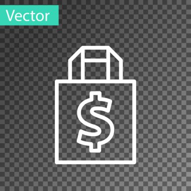 Beyaz çizgi Shoping çantası ve dolar sembolü şeffaf arkaplanda izole edilmiş. El çantası işareti. Kadın çanta ikonu. Kadın el çantası işareti. Vektör İllüstrasyonu.