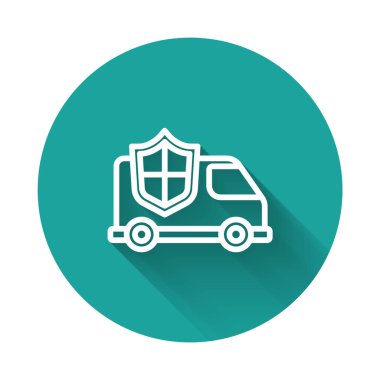 Kalkan ikonlu beyaz çizgili araba uzun gölgeli. Sigorta konsepti. Güvenlik, güvenlik, koruma, konsept koruma. Yeşil daire düğmesi. Vektör..