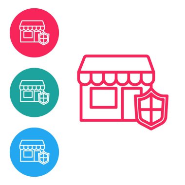 Beyaz arka planda kalkan simgesi olan kırmızı hat alışveriş binası. Sigorta konsepti. Güvenlik, güvenlik, koruma, konsept koruma. Simgeleri daire düğmelerine ayır. Vektör..