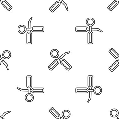 Gri çizgi dişçi denetleme aynası ve kaşiflerin ölçeklendirici ikonu beyaz arka planda izole edilmiş kusursuz desen. Diş muayenesi. Vektör.