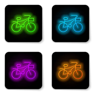 Parlayan neon çizgisi bisiklet simgesi beyaz arkaplanda izole edildi. Bisiklet yarışı. Olağanüstü bir spor. Spor malzemeleri. Siyah kare düğme. Vektör.