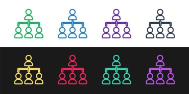 Siyah ve beyaz arkaplanda izole edilmiş İş Hiyerarşisi organizogram grafik bilgi simgesi belirle. Kurumsal yapı grafik elementleri. Vektör.