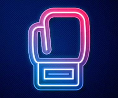 Parlayan neon hattı boks eldiveni simgesi mavi arkaplanda izole edildi. Vektör