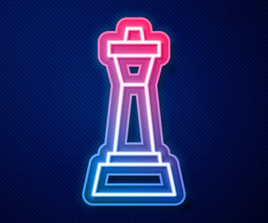 Parlayan neon çizgisi satranç simgesi mavi arkaplanda izole edildi. İş stratejisi. Oyun, yönetim, finans. Vektör