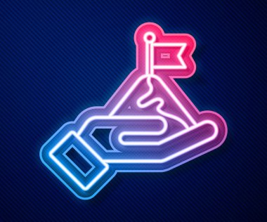 Üzerinde mavi arkaplanda izole edilmiş bayrak bulunan parlak neon çizgisi dağları. Zaferin ya da başarının sembolü. Gol başarısı. Vektör