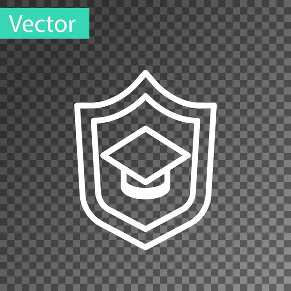 Línea Blanca Tapa Graduación Con Icono Escudo Aislado Sobre Fondo — Vector de stock