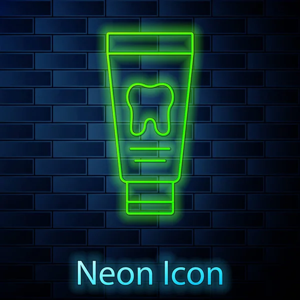 Linea Neon Incandescente Tubo Icona Dentifricio Isolato Sfondo Muro Mattoni — Vettoriale Stock
