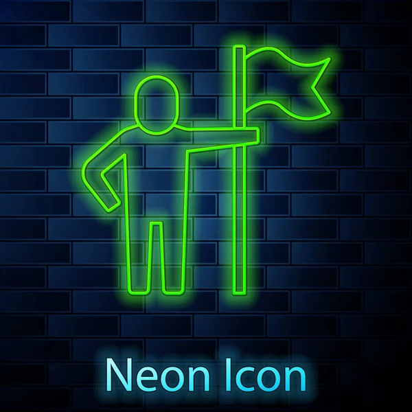 Glödande Neon Line Man Håller Flaggan Ikon Isolerad Tegelvägg Bakgrund — Stock vektor
