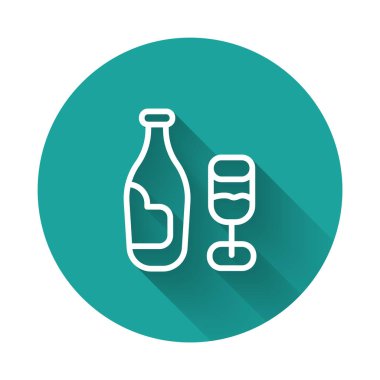 Uzun gölgeli cam ikonlu beyaz çizgi şarap şişesi. Yeşil daire düğmesi. Vektör