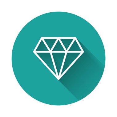 Beyaz çizgi elmas simgesi uzun gölge arkaplan izole. Mücevher sembolü. Mücevher taşı. Yeşil daire düğmesi. Vektör