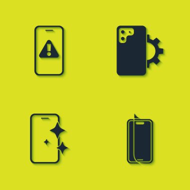 Mobil ünlem işareti, cam ekran koruyucu ve telefon tamir ikonu ile ayarla. Vektör