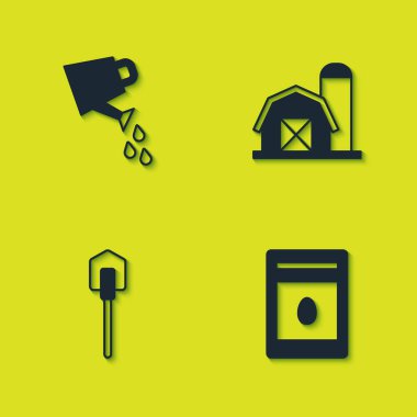 Sulama kutusu, bitki tohumu, kürek ve çiftlik evi ikonu dolu. Vektör