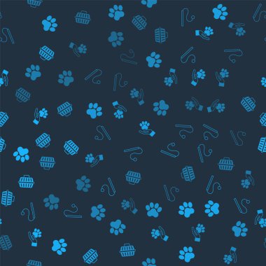 Paw izi, evcil kedi oyuncağı, hayvanlı eller ayak izi ve kusursuz desenli çanta taşıyın. Vektör