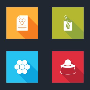 Bal peteği, dipper çubuğu ve koruyucu şapka ikonu olan arıcı ayarla. Vektör