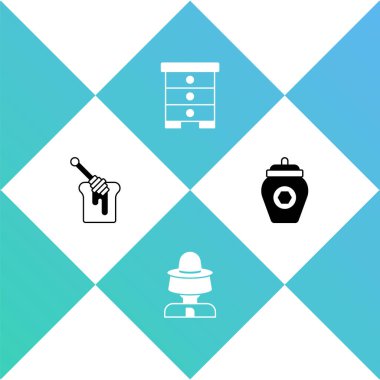 Ballı şeker çubuğu, arıcı şapkası arılar için kovan ve ikon kavanozu hazırla. Vektör